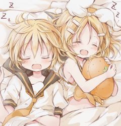 Rule 34 | 1boy, 1girl, absurdres, bad id, bad twitter id, bare shoulders, black collar, blonde hair, bow, brother and sister, closed eyes, collar, crop top, fang, hair bow, hair ornament, hairclip, highres, hitode, holding, holding stuffed toy, kagamine len, kagamine rin, lying, midriff, navel, neckerchief, necktie, on back, open mouth, pillow, sailor collar, saliva, school uniform, scratching stomach, shirt, short hair, short sleeves, siblings, sleeping, spiked hair, stuffed toy, swept bangs, twins, upper body, vocaloid, white bow, white shirt, yellow neckerchief, zzz