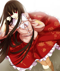 Rule 34 | 1girl, bad id, bad pixiv id, brown hair, female focus, frilled skirt, frills, from above, hand in own hair, houraisan kaguya, japanese clothes, lipstick, long hair, makeup, print skirt, red eyes, red lips, red skirt, ripples, shirt, skirt, soaking feet, solo, takemori shintarou, touhou, very long hair, wading, water