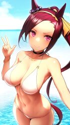 Rule 34 | 1girl, actinium89, alternate costume, animal ears, asymmetrical bangs, bikini, black choker, breasts, brown hair, choker, cleavage, closed mouth, commentary request, cowboy shot, day, ear ornament, flower-shaped pupils, forehead, gold bracelet, gold hairband, hairband, heart, heart necklace, highres, horse ears, horse girl, horse tail, horseshoe o-ring, jewelry, large breasts, long hair, looking at viewer, navel, necklace, ocean, outdoors, pink eyes, ponytail, sakura bakushin o (umamusume), selfie, smile, solo, swimsuit, symbol-shaped pupils, tail, umamusume, v-shaped eyebrows, w, water, white bikini