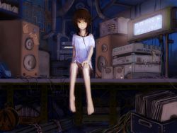 Rule 34 | 1girl, androgynous, bad id, bad pixiv id, barefoot, black eyes, blouse, box, brown hair, cable, headphones, indoors, industrial pipe, looking to the side, monitor, original, record, shirt, short hair, short sleeves, sitting, smile, solo, speaker, stereo, white shirt, yoshidaworks