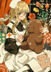 Rule 34 | 1girl, black dress, blonde hair, collared dress, dress, feet out of frame, flower, glasses, highres, holding, holding stuffed toy, keishin, long hair, long sleeves, looking at viewer, original, red flower, sewing, sitting, solo, stuffed animal, stuffed toy, teddy bear, white dress, yellow flower