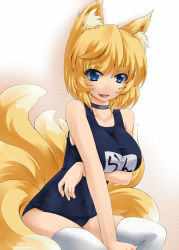 Rule 34 | 1girl, :d, animal ears, arm support, bare shoulders, between legs, blonde hair, blue eyes, blue one-piece swimsuit, breast hold, breasts, character name, choker, collar, collarbone, covered collarbone, covered navel, eyebrows, fang, fox ears, fox tail, from side, hand between legs, happy, highres, kitsune, large breasts, leaning forward, looking at viewer, multiple tails, name tag, old school swimsuit, one-piece swimsuit, open mouth, school swimsuit, shiromiza kana, short hair, sitting, smile, solo, swimsuit, tail, taut clothes, thick eyebrows, thighhighs, touhou, white thighhighs, yakumo ran
