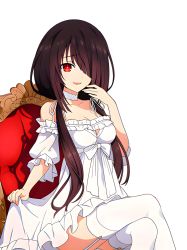 Rule 34 | 1girl, black hair, breasts, chair, choker, cleavage, collarbone, crossed legs, date a live, dress, garter straps, hair over one eye, highres, large breasts, long hair, official art, open mouth, red eyes, simple background, sitting, smile, thighhighs, thighs, tokisaki kurumi, twintails, white background, white dress, white thighhighs