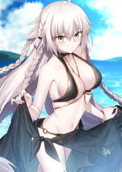 Rule 34 | 1girl, ahoge, bare shoulders, beach, bikini, black bikini, blue sky, blush, bracelet, braid, breasts, cleavage, closed mouth, collarbone, day, fate/grand order, fate (series), gogatsu fukuin, hair between eyes, heroic spirit chaldea park outfit, heroic spirit festival outfit, highres, jeanne d&#039;arc (fate), jeanne d&#039;arc alter (fate), jeanne d&#039;arc alter (festival outfit) (fate), jewelry, large breasts, long hair, looking at viewer, navel, necklace, official alternate costume, outdoors, pale skin, sarong, silver hair, sky, solo, swimsuit, thighs, very long hair, yellow eyes
