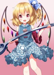 Rule 34 | 1girl, :d, bare shoulders, blonde hair, blue ribbon, commentary request, cosplay, crystal, feet out of frame, flandre scarlet, gradient background, hair ribbon, highres, holding, looking at viewer, one side up, open mouth, pink background, red eyes, red sleeves, ribbon, ruu (tksymkw), short hair, smile, solo, touhou, toutetsu yuuma, toutetsu yuuma (cosplay), wings