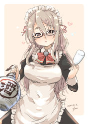 Rule 34 | 1girl, alcohol, alternate costume, apron, bespectacled, black-framed eyewear, black dress, border, bow, bowtie, brown eyes, cowboy shot, cup, dated, dress, drinking glass, drunk, enmaided, frilled apron, frills, fyuo, glasses, grey hair, hair between eyes, highres, jar, kantai collection, looking at viewer, maid, open mouth, pink background, pola (kancolle), red bow, red bowtie, sake, semi-rimless eyewear, signature, solo, thick eyebrows, two-tone background, under-rim eyewear, wavy hair, white apron, white border, wine glass