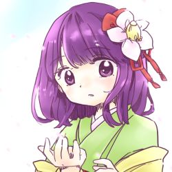 Rule 34 | 1girl, flower, hair flower, hair ornament, hieda no akyuu, japanese clothes, kimono, muzukite, purple eyes, purple hair, short hair, touhou