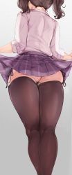 Rule 34 | 1girl, alp, ass, black ribbon, brown hair, brown thighhighs, clothes lift, commentary request, copyright request, facing away, feet out of frame, from behind, gradient background, grey background, highres, lifting own clothes, long hair, panties, pink skirt, plaid, plaid skirt, pleated skirt, purple skirt, ribbon, side-tie panties, side-tie peek, skirt, skirt lift, sleeves past elbows, sleeves pushed up, solo, standing, thighhighs, thighs, twintails, underwear