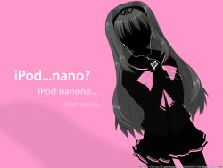 Rule 34 | 00s, 1girl, digital media player, highres, ipod, ipod ad, kusugawa sasara, monochrome, pink background, pink theme, product placement, school uniform, silhouette, solo, to heart (series), to heart 2