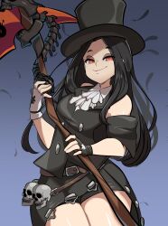 Rule 34 | 1other, absurdres, androgynous, ascot, asymmetrical gloves, collar, fingerless gloves, gloves, guilty gear, guilty gear strive, hat, hat ornament, highres, holding, holding scythe, looking at viewer, missandydandy, scythe, skull, skull hat ornament, smile, studded collar, testament (guilty gear), top hat, white ascot