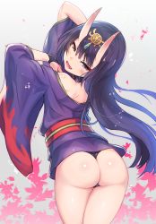 Rule 34 | 1girl, alternate hair length, alternate hairstyle, arms up, ass, back, bare shoulders, blunt bangs, fate/grand order, fate (series), floral background, gradient background, head tilt, horns, japanese clothes, kimono, long hair, looking at viewer, off shoulder, oni, open mouth, purple eyes, purple hair, shishikai, shuten douji (fate), skin-covered horns, smile, solo, thighs