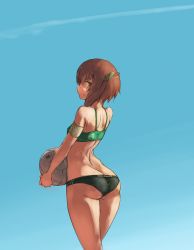 Rule 34 | 10s, 1girl, ass, back, ball, bare shoulders, bikini, brown hair, butt crack, dimples of venus, flat chest, from behind, gradient background, headgear, kantai collection, looking at viewer, looking back, open mouth, short hair, solo, swimsuit, taihou (kancolle), tsukira (amayadori), yellow eyes