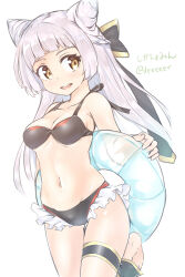 Rule 34 | 1girl, animal ears, breasts, chaos puss in boots (grimms notes), grimms notes, hair ribbon, highres, looking to the side, medium breasts, open mouth, ribbon, shika, simple background, smile, solo, standing, standing on one leg, swimsuit, twitter username, white background, white hair, yellow eyes