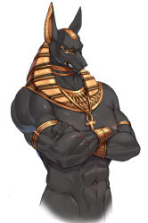 Rule 34 | 1boy, abs, animal ears, ankh, anubis (mythology), bara, black skin, colored sclera, colored skin, commentary, cropped torso, crossed arms, dark-skinned male, dark skin, egyptian clothes, egyptian mythology, fang, furry, furry male, jackal ears, jewelry, male focus, muscular, mythology, navel, necklace, simple background, solo, symbol-only commentary, topless male, tuxedo de cat, upper body, usekh collar, white background, yellow sclera