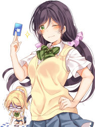 Rule 34 | 2girls, ayase eli, between fingers, blonde hair, blue skirt, blush, bow, bowtie, card, card between fingers, commentary request, gift card, green eyes, green neckwear, hand on own hip, holding, itunes, long hair, love live!, love live! school idol project, mogu (au1127), multiple girls, o o, one eye closed, ponytail, prostration, purple hair, purple scrunchie, scrunchie, shaded face, short sleeves, simple background, skirt, sparkle, striped bow, striped bowtie, striped clothes, striped neckwear, sweater vest, tojo nozomi, white background, white scrunchie