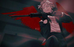 Rule 34 | 1boy, aiming, alternate costume, black gloves, blonde hair, boku no hero academia, bowtie, collared shirt, dress suit, facing viewer, feathered wings, feathers, finger on trigger, gloves, gun, half gloves, hawks (boku no hero academia), holding, holding gun, holding weapon, knee up, looking to the side, mafia, male focus, red feathers, rifle, shirt, solo, tongue, tongue out, twitter username, undone bowtie, viol vrt, weapon, wings