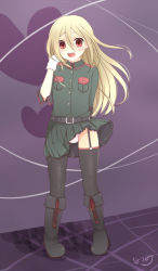 Rule 34 | 1boy, afuro terumi, artist request, bad id, blonde hair, blush, boots, crossdressing, garter belt, gloves, inazuma eleven, inazuma eleven (series), long hair, male focus, military, military uniform, open mouth, panties, pantyshot, red eyes, smile, solo, thighhighs, trap, underwear, uniform