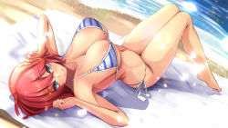 Rule 34 | 1girl, absurdres, ahoge, areola slip, arms up, bare shoulders, barefoot, beach, beach mat, bikini, blue eyes, blush, breasts, cleavage, closed mouth, collarbone, commentary request, day, eyelashes, fingernails, halterneck, highres, large breasts, legs, lips, looking at viewer, lying, on back, original, outdoors, pink hair, shadow, short hair, side-tie bikini bottom, smile, solo, string bikini, striped bikini, striped clothes, swimsuit, thighs, underboob, yukito (dreamrider)