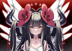Rule 34 | 1girl, absurdres, black hair, black horns, blunt bangs, closed mouth, collarbone, dark background, diein (djmax), djmax, djmax respect, expressionless, eyeshadow, flower, gradient background, hair flower, hair ornament, highres, horns, iznal, large horns, large wings, long hair, looking at viewer, makeup, off shoulder, oversized flower, pink flower, portrait, red eyeshadow, solo, very long hair, white wings, wings, yellow eyes