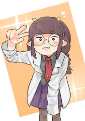 Rule 34 | 1girl, absurdres, black pantyhose, blunt bangs, blush, braid, collared shirt, fang, glasses, grin, highres, jimiko, lab coat, looking at viewer, necktie, original, pantyhose, shirt, sleeves past fingers, sleeves past wrists, smile, solo, tranqu color, twin braids, v