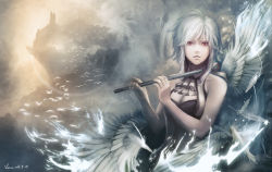 Rule 34 | 1girl, bad id, bad pixiv id, bare shoulders, bird, fantasy, feathers, flute, fog, instrument, lens flare, lips, looking at viewer, original, outdoors, red eyes, signature, solo, tree, veine, wallpaper, white hair, wings