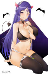 Rule 34 | 1girl, arm behind back, artist name, bare arms, bare shoulders, bat (animal), bikini, black bikini, black ribbon, black thighhighs, blue eyes, blush, breasts, candy, choker, cleavage, closed mouth, collarbone, commentary request, cropped legs, dated, demon horns, demon tail, fate/grand order, fate (series), fingernails, food, hairband, halftone, halftone background, halloween, head tilt, highres, holding, horns, large breasts, lolita hairband, long hair, looking at viewer, minamoto no raikou (fate), mismatched bikini, navel, neck ribbon, parted bangs, purple hair, ribbon, ribbon-trimmed choker, signature, sitting, smile, solo, stomach, straight hair, strap gap, swimsuit, tail, thighhighs, very long hair, white bikini, white choker, wrist cuffs, yueguang zhanglang