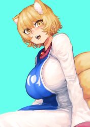 Rule 34 | 1girl, absurdres, aqua background, blonde hair, blue tabard, breasts, chanta (ayatakaoisii), dress, fox tail, highres, large breasts, long sleeves, multiple tails, no headwear, open mouth, short hair, simple background, slit pupils, solo, tabard, tail, touhou, white dress, yakumo ran, yellow eyes