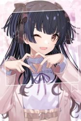 Rule 34 | 1girl, ;d, black hair, blunt bangs, chiri (ch!), framed, hair ribbon, heart, heart hands, idolmaster, idolmaster shiny colors, long sleeves, looking at viewer, mayuzumi fuyuko, one eye closed, open mouth, ribbon, smile, solo, two side up, upper body
