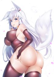 Rule 34 | 1girl, ahoge, animal ears, ass, ass support, bare shoulders, black leotard, blue eyes, blush, breasts, bridal gauntlets, finger to mouth, fox ears, fox girl, fox tail, from behind, hair between eyes, hair ornament, hairclip, heart, heart hair ornament, highleg, highleg leotard, highres, impossible clothes, impossible leotard, large breasts, leotard, long hair, looking at viewer, looking back, open mouth, original, petals, shiny clothes, sidelocks, skin tight, skindentation, solo, standing, tail, tail raised, thighs, very long hair, white hair, xiaodi