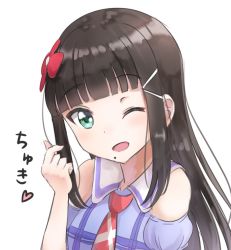 Rule 34 | 10s, 1girl, ;d, black hair, blunt bangs, breasts, commentary request, detached sleeves, flower, green eyes, hair flower, hair ornament, hairclip, head tilt, heart, kurosawa dia, long hair, love live!, love live! school idol festival, love live! sunshine!!, mole, mole under mouth, one eye closed, open mouth, puffy short sleeves, puffy sleeves, purple shirt, purple sleeves, red flower, red neckwear, sailor collar, shirt, short sleeves, sidelocks, simple background, sin (sin52y), sleeveless, sleeveless shirt, small breasts, smile, solo, translation request, upper body, very long hair, white background, white sailor collar