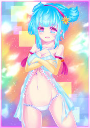 Rule 34 | 1girl, aqua hair, blue hair, bra, breasts, cleavage, elbow gloves, female focus, girl (anime expo), gloves, kami-sama (girl), large breasts, lingerie, long hair, me!me!me!, nightgown, panties, purple eyes, short twintails, solo, standing, toastersdoodles, twintails, underwear, yellow gloves