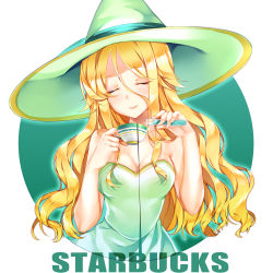 Rule 34 | 1girl, absurdres, bare shoulders, blonde hair, blush, breasts, cleavage, closed eyes, closed mouth, coffee, coffee cup, collarbone, cup, disposable cup, facing viewer, green hat, green ribbon, hat, hat ribbon, highres, holding, holding cup, long hair, medium breasts, ribbon, smile, solo, starbucks, tei (52137), test tube, upper body, witch
