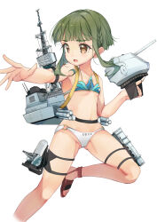 Rule 34 | 1girl, adapted turret, bikini, bob cut, braid, brown eyes, cannon, clothes writing, commentary request, feet out of frame, flat chest, green hair, highres, js takanami (kancolle), kantai collection, machinery, mismatched bikini, short hair, short hair with long locks, sidelocks, simple background, solo, swimsuit, takanami (kancolle), turret, white background, yashin (yasinz)