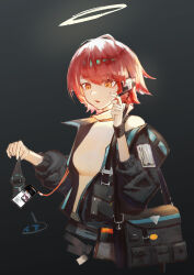 Rule 34 | 1girl, 1other, :o, absurdres, arknights, bag, black background, black jacket, doctor (arknights), earpiece, exusiai (arknights), exusiai (midnight delivery) (arknights), halo, highres, id card, jacket, nian962464, official alternate costume, orange eyes, red hair, shirt, short hair, sweatdrop, white shirt