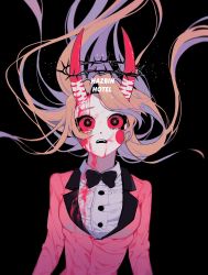 Rule 34 | 1girl, animification, blonde hair, blood, blood on clothes, blood on face, charlie morningstar, crying, crying with eyes open, demon girl, demon horns, formal, hazbin hotel, highres, horns, long hair, looking up, neg 50asu, solo, suit, tears, thorns