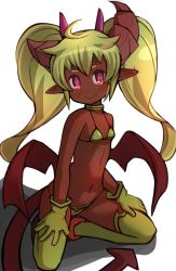 Rule 34 | 1girl, :&gt;, ahoge, asymmetrical horns, bare arms, bare shoulders, big hair, bikini, blonde hair, blush, breasts, brown footwear, brown horns, brown tail, brown wings, cleavage, closed mouth, collarbone, commentary request, dark-skinned female, dark skin, demon girl, demon horns, demon tail, demon wings, garoudo (kadouhan&#039;i), gloves, groin, head tilt, horns, kneeling, long hair, looking at viewer, multiple horns, navel, original, petite, pink eyes, pink horns, pointy ears, simple background, small breasts, smile, solo, string bikini, swimsuit, tail, thighhighs, twintails, uneven horns, very long hair, wavy hair, white background, wings, yellow bikini, yellow gloves, yellow thighhighs
