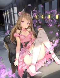 Rule 34 | 1girl, anmi, bare shoulders, blonde hair, blush, bow, breasts, cherry blossoms, choker, cleavage, convenient leg, couch, demon horns, detached sleeves, dress, frilled dress, frills, full body, headband, high heels, horn bow, horn ornament, horn ribbon, horns, knees together feet apart, long hair, looking at viewer, md5 mismatch, medium breasts, on couch, original, petals, pink bow, pink dress, pink footwear, pink ribbon, puffy detached sleeves, puffy sleeves, purple eyes, resolution mismatch, ribbon, ribbon choker, shoes, sitting, smile, solo, source smaller, thighhighs, white thighhighs