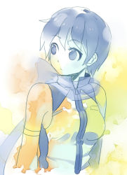 Rule 34 | 1girl, bare shoulders, blue coat, blue eyes, blue hair, blue scarf, bow, breasts, closed mouth, coat, commentary request, cropped torso, detached sleeves, grimay, hair between eyes, kaiko, looking away, looking to the side, medium breasts, multicolored clothes, multicolored coat, painting (medium), scarf, scarf bow, sleeveless, sleeveless coat, solo, traditional media, two-tone coat, upper body, vocaloid, watercolor (medium), white background, white coat