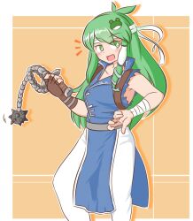 Rule 34 | antenna hair, brown gloves, castlevania (series), commentary request, commission, cosplay, fingerless gloves, frog hair ornament, gloves, green eyes, green hair, hair ornament, holding, holding weapon, kochiya sanae, long hair, looking at viewer, mace, mizusoba, open mouth, orange background, richter belmont, richter belmont (cosplay), single glove, skeb commission, snake hair ornament, spiked mace, spikes, touhou, weapon