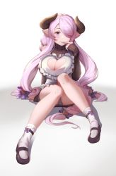 Rule 34 | 1girl, black footwear, braid, breasts, cementite, cleavage, cleavage cutout, clothing cutout, draph, female focus, finger to mouth, full body, granblue fantasy, hair over one eye, heart cutout, highres, large breasts, light purple hair, long hair, looking at viewer, mary janes, narmaya (granblue fantasy), narmaya (valentine) (granblue fantasy), panties, pantyshot, pointy ears, purple hair, shoes, simple background, single braid, sitting, sleeves past wrists, socks, solo, underwear, very long hair, white socks