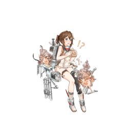 Rule 34 | !?, 15k, 1girl, :d, aiguillette, asymmetrical legwear, bag, bare shoulders, blue eyes, bomb, boots, broken, brown hair, buttons, cannon, damaged, double-breasted, explosion, explosive, fang, food, full body, hair between eyes, hair ornament, jacket, looking at viewer, machinery, military, military uniform, no pants, official art, open mouth, panties, paper bag, pastry, ponytail, remodel (warship girls r), single sock, single thighhigh, sitting, sleeveless, smile, smoke, socks, solo, striped clothes, striped panties, thigh strap, thighhighs, torn clothes, torpedo, transparent background, turret, underwear, uneven legwear, uniform, warship girls r, white footwear, white jacket, z1 leberecht maass (warship girls r)