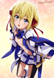 Rule 34 | 10s, 1girl, absurdres, blonde hair, blue eyes, boots, breasts, cleavage, copyright name, hair between eyes, hair ribbon, highres, knee boots, leg up, looking at viewer, megami magazine, midriff, miniskirt, navel, official art, open mouth, red ribbon, ribbon, sheath, sheathed, short hair, skirt, small breasts, solo, standing, standing on one leg, stomach, sword, tongue, tongue out, ulysses jeanne d&#039;arc to renkin no kishi, watanabe ruriko, weapon