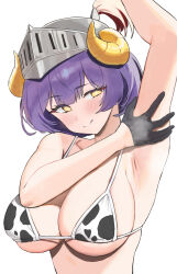 Rule 34 | 1girl, :q, animal print, arm up, armpits, bare arms, bare shoulders, bikini, black gloves, blush, breasts, commission, cow print, cow print bikini, cross-shaped pupils, curled horns, demon girl, demon horns, gloves, half gloves, halterneck, helmet, highres, horns, large breasts, looking at viewer, original, pixiv commission, plume, portrait, presenting armpit, print bikini, purple hair, short hair, simple background, solo, steaming body, swimsuit, symbol-shaped pupils, tongue, tongue out, twin (tt lsh), underboob, visor (armor), white background, yellow horns