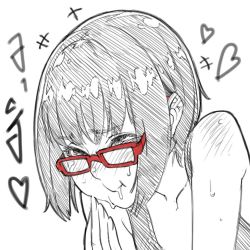 Rule 34 | 1girl, bare shoulders, black eyes, black hair, blush, closed mouth, cum, cum in mouth, deathwingxiii, glasses, greyscale, hatching, heart, monochrome, original, simple background, sketch, solo, spot color, swallowing, white background