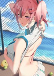 Rule 34 | 1girl, azur lane, back, ball, blue sky, blush, breasts, bremerton (azur lane), bremerton (scorching-hot training) (azur lane), butt crack, chain-link fence, cleavage, cleavage cutout, clothes lift, clothing cutout, crop top, day, fence, from side, hair ornament, hairclip, highres, large breasts, lifting own clothes, looking at viewer, looking to the side, manjuu (azur lane), miniskirt, multicolored hair, ocean, official alternate costume, outdoors, oxygen mask (oxygenmask233), parted lips, pink eyes, pink hair, red hair, shirt, shirt lift, short hair, short twintails, skirt, sky, sleeveless, sleeveless shirt, solo focus, streaked hair, tennis ball, twintails, two-tone hair, white shirt, white skirt, x hair ornament