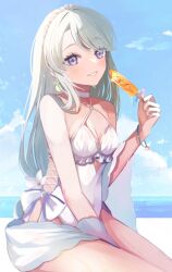 Rule 34 | 1girl, bare arms, bare legs, bare shoulders, blush, breasts, choker, day, earrings, flower, food, grey hair, hair flower, hair ornament, highres, holding, holding food, jewelry, kantai collection, long hair, ocean, one-piece swimsuit, open mouth, popsicle, purple eyes, ranran 3939, sagiri (kancolle), small breasts, smile, solo, swimsuit, white choker, white flower, white one-piece swimsuit