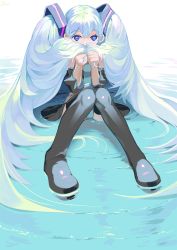 Rule 34 | 1girl, 9sui, aqua panties, black footwear, black thighhighs, blue hair, boots, covered mouth, covering own mouth, detached sleeves, hair ornament, hatsune miku, highres, holding, holding hair, long hair, miniskirt, necktie, panties, partially submerged, pleated skirt, purple eyes, ripples, shiny clothes, sitting, skirt, solo, thigh boots, thighhighs, twintails, underwear, very long hair, vocaloid