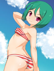 Rule 34 | 10s, 1girl, ass, bare arms, bare shoulders, bikini, blue sky, breasts, closed mouth, cloud, cloudy sky, cowboy shot, day, female focus, hair between eyes, highres, kiratto pri chan, looking at viewer, midorikawa sara, nurugamer-kouyouju, outdoors, pretty series, sara midorikawa, shiny skin, sky, small breasts, smile, solo, striped bikini, striped clothes, swimsuit