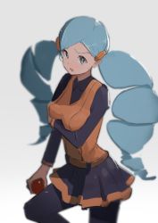 Rule 34 | 1girl, absurdres, ace trainer (pokemon), blue eyes, blurry, breasts, collared shirt, creatures (company), depth of field, game freak, highres, long hair, long sleeves, nintendo, open mouth, orange vest, pantyhose, pleated skirt, pokemon, pokemon bw, shirt, skirt, standing, tsunodriller, twintails, vest, white background
