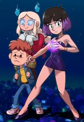 Rule 34 | 1boy, 2girls, absurdres, antenna hair, bare shoulders, blonde hair, centinel303, character request, choker, commentary, david (hilda), denim, dress, english commentary, floating, ghost, ghost sweeper mikami, glowing, glowing eyes, headband, high heels, highres, hilda (series), himuro kinu, holding, holding wand, jeans, kaisa (hilda), mikami reiko, multiple girls, netflix, outdoors, pants, purple dress, red hair, red headband, shoes, sky, sneakers, staff, star (sky), starry sky, twintail marra, wand, witch, yellow wristband, yokoshima tadao